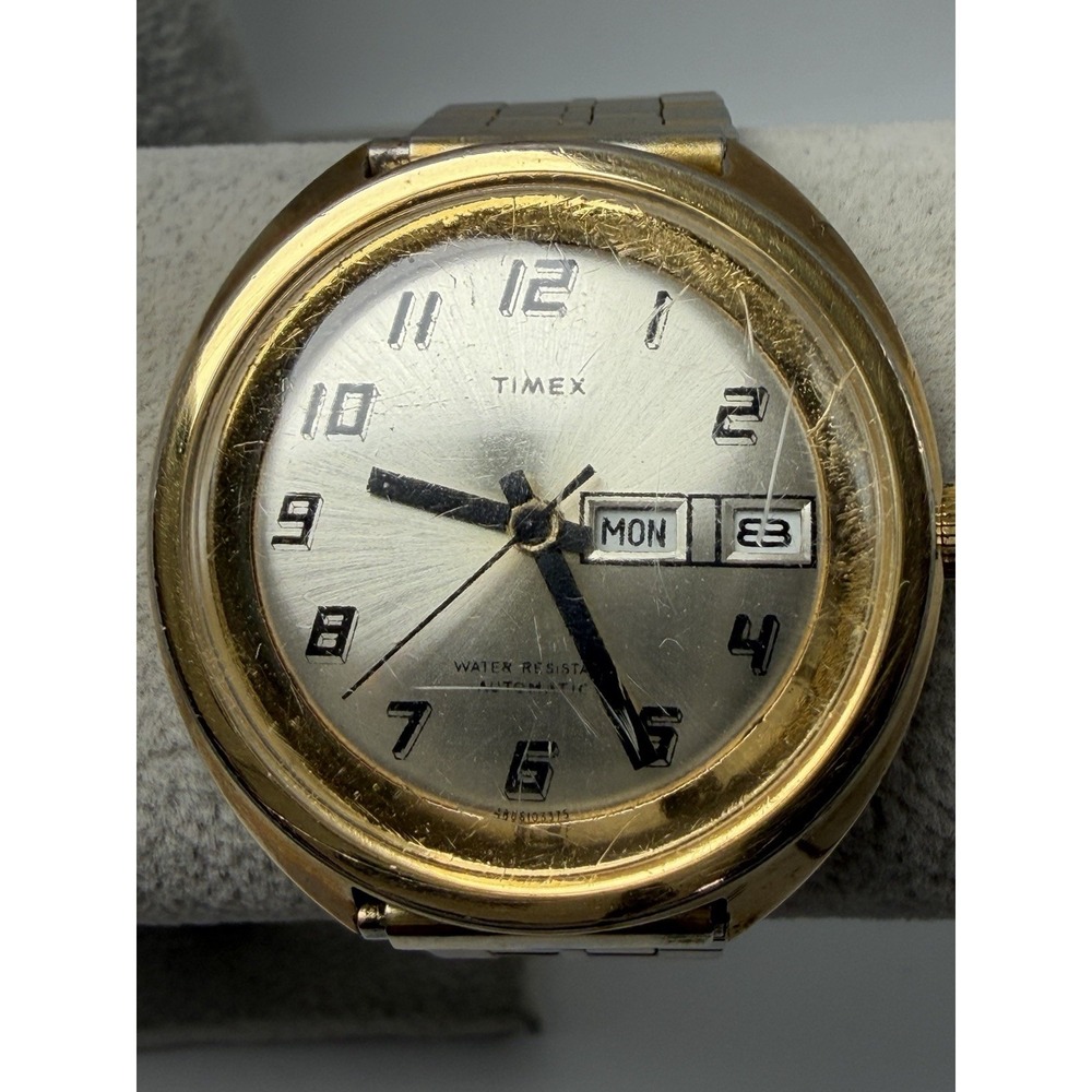 Timex 1975 Automatic Viscount Working Mens Watch 39MM‎ 7.25" Vintage Gold Tone